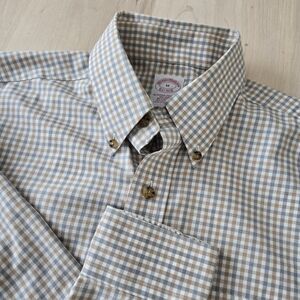Brooks Brothers Beige and Light Blue Gingham Button-Down Shirt